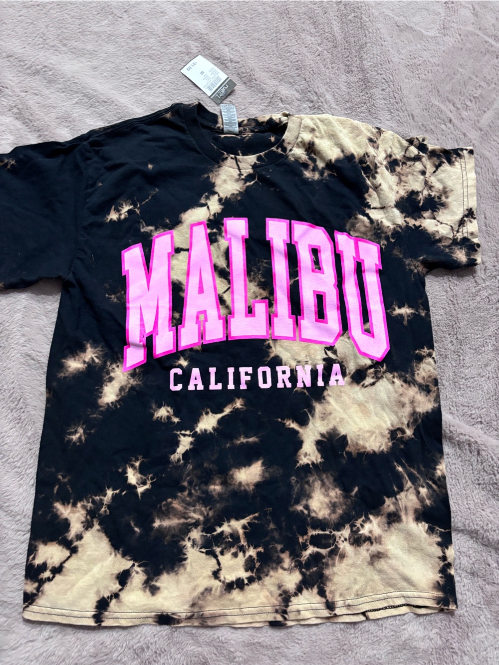Malibu California Tie-Dye Tee - Black & Beige with Pink Print